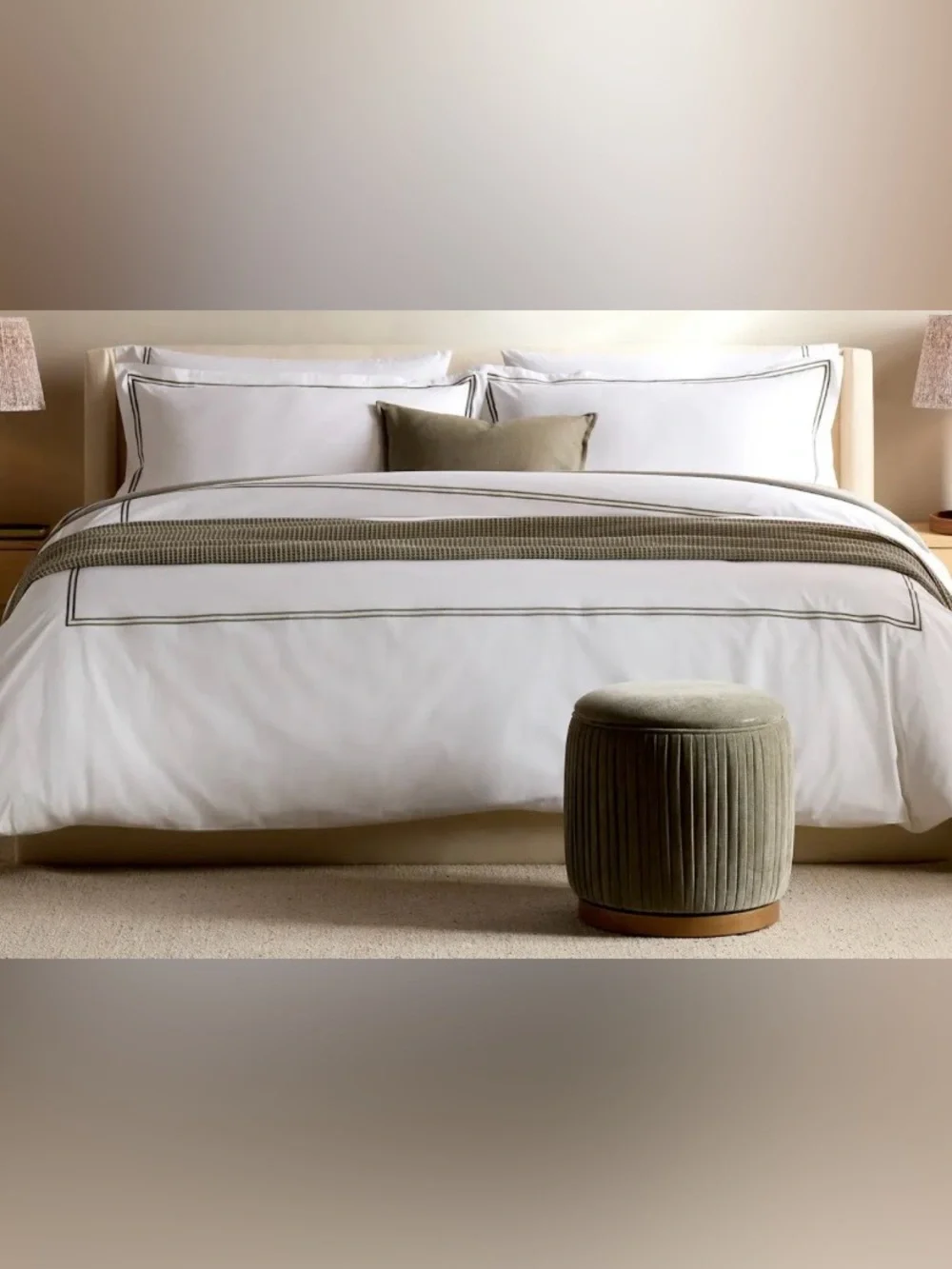 NWT Quince Organic Crisp Percale Duvet Cover Set, King/Cal (Dusty Olive/White)
